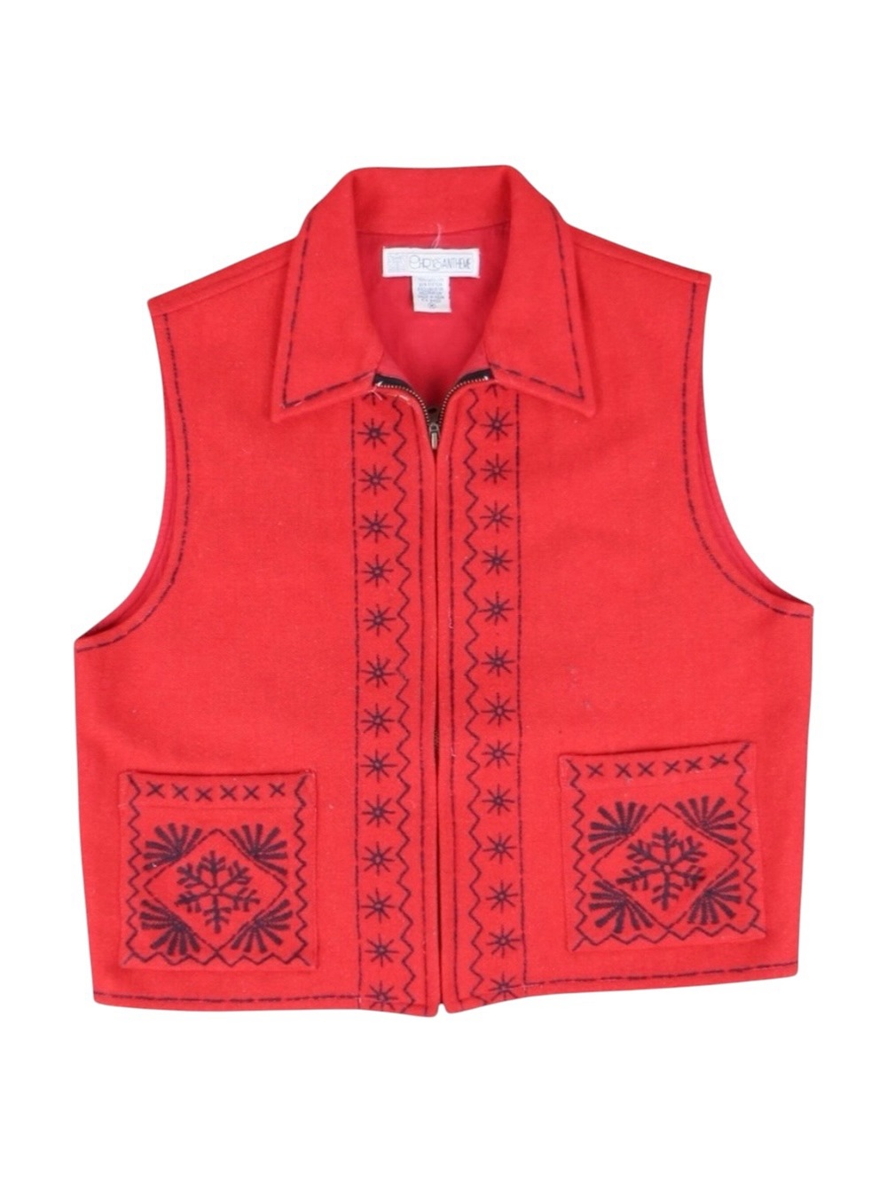 Vintage Chrysantheme Wool Blend Zip Vest Red Embroidered Nordic Women's Medium